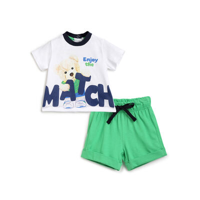 Boys White and Green Printed Outfit with Short Pants